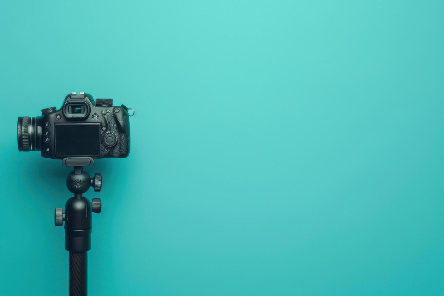 A black camera on a tripod against a vibrant turquoise background, ready for photography in a creative workspace photo
