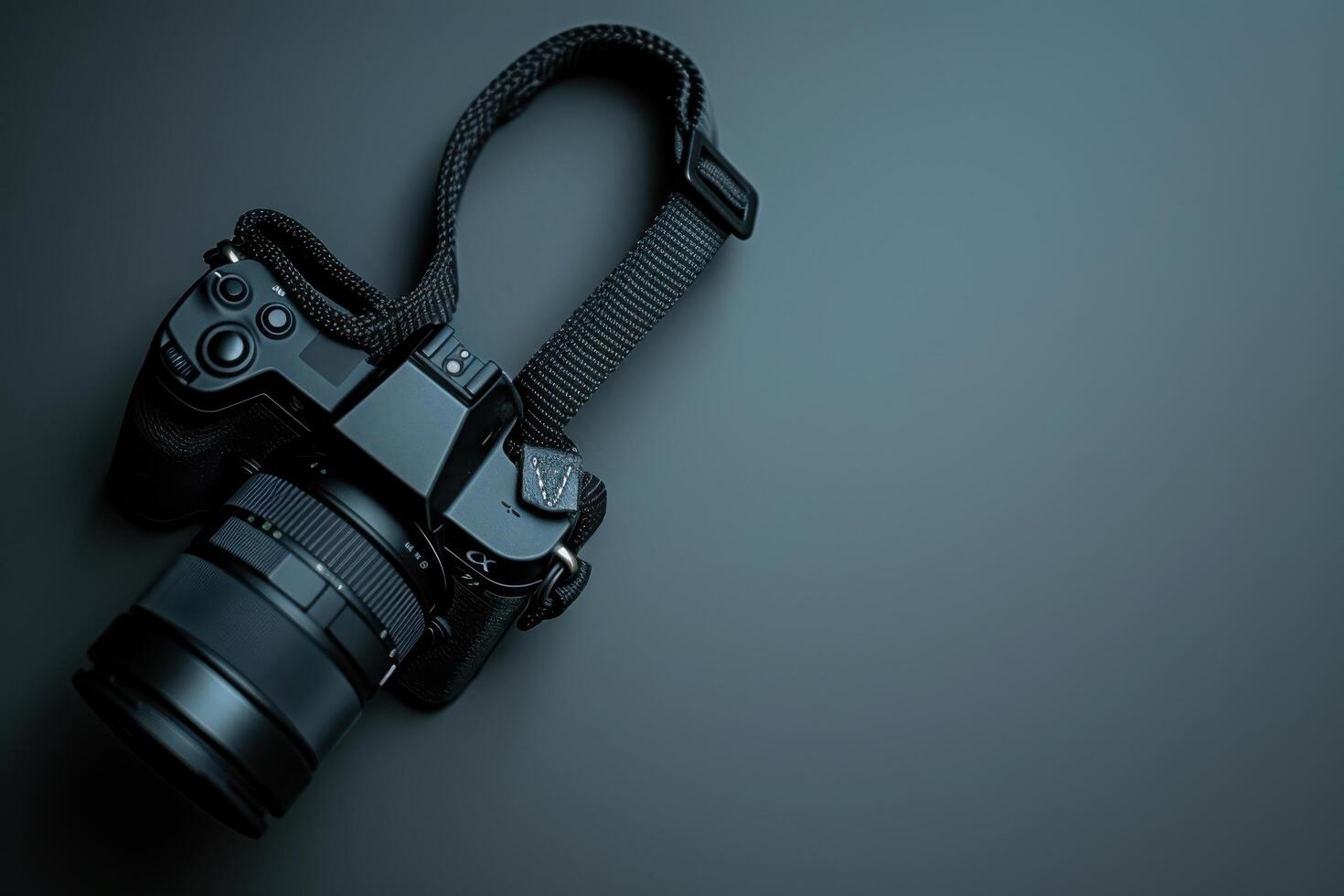A sleek camera rests on a dark surface, ready for creative exploration capturing the world at any moment photo