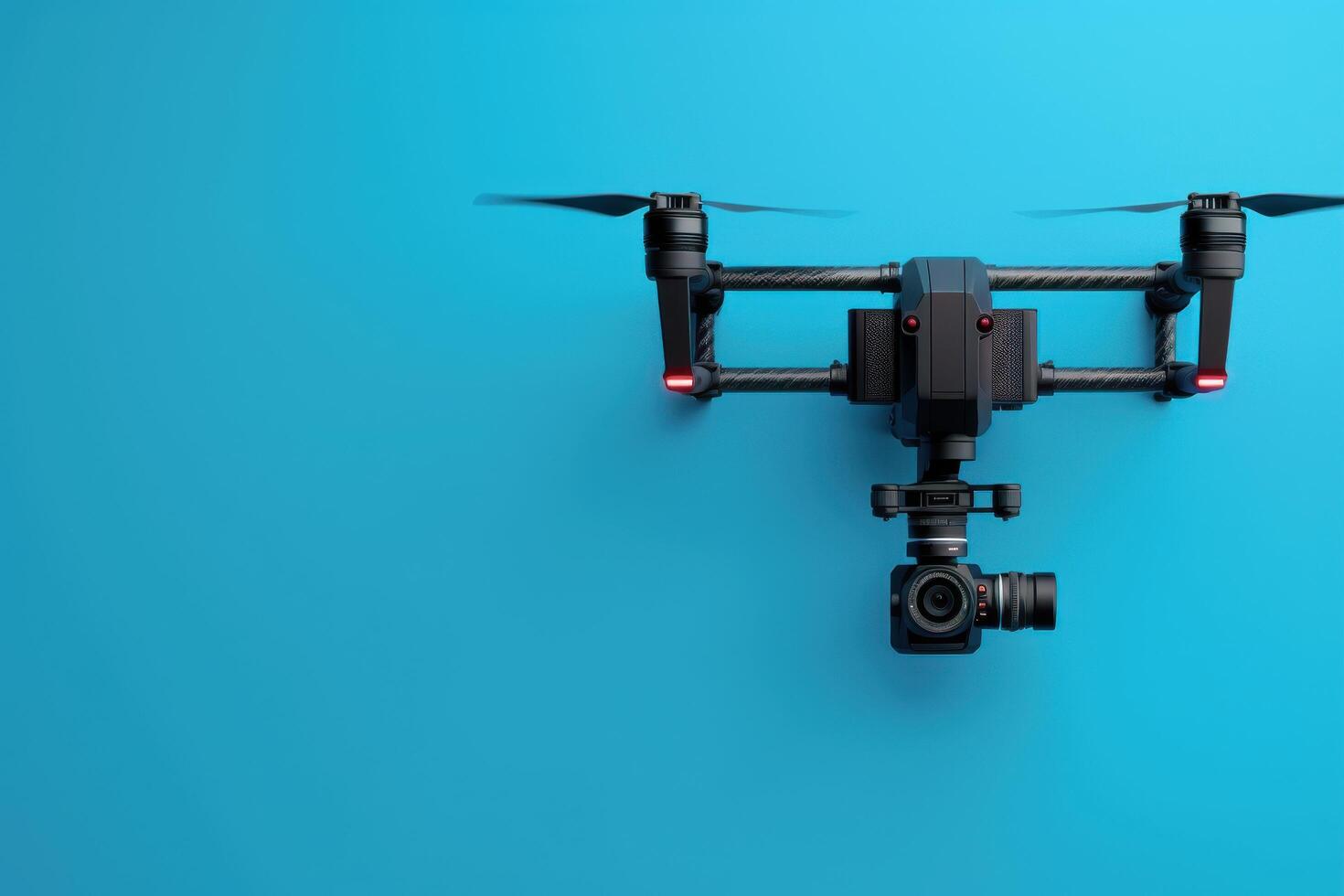 A sleek drone equipped with a camera resting against a vibrant blue backdrop, showcasing modern technology and design photo