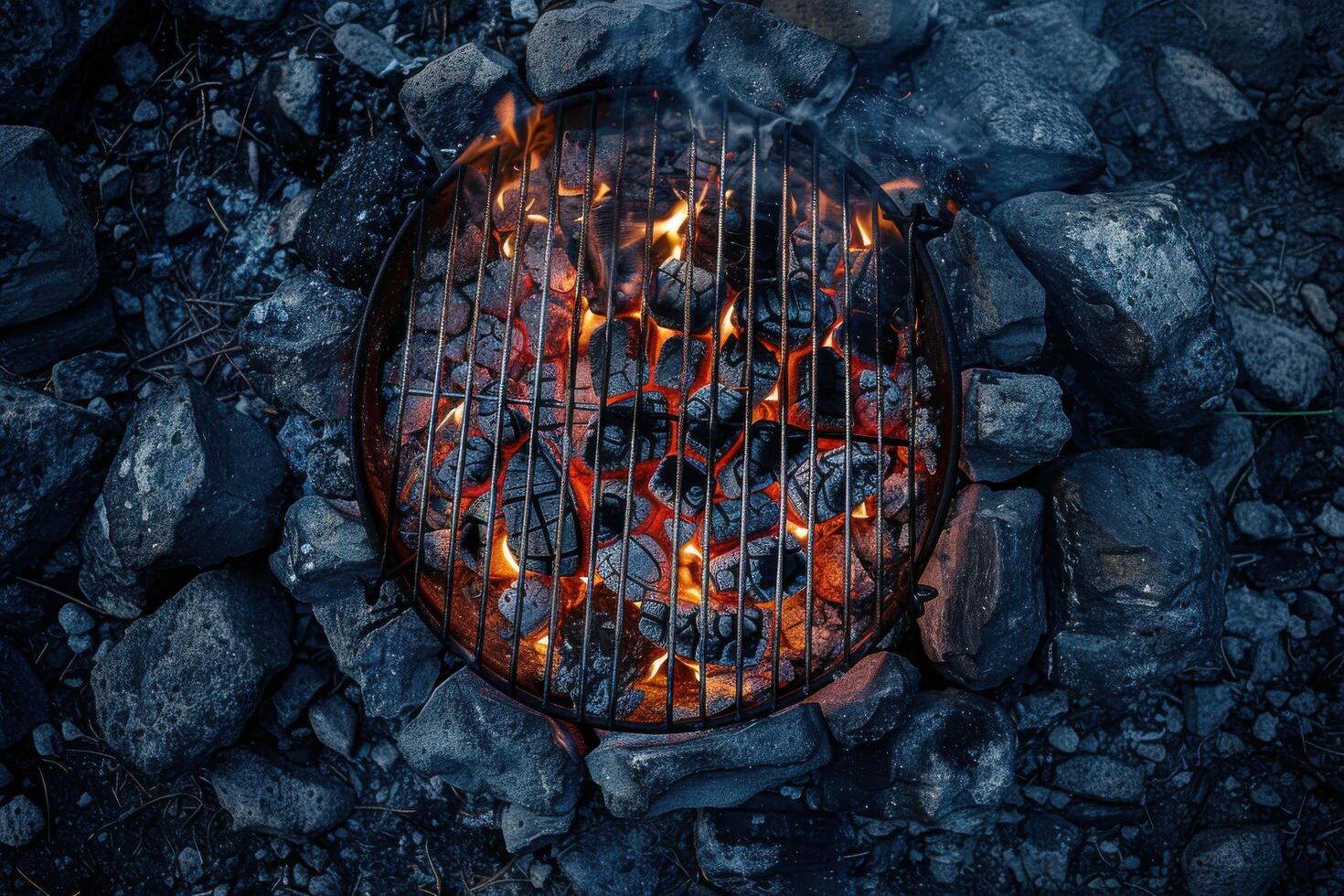 Fireside grilling under the stars at a tranquil campsite during twilight photo