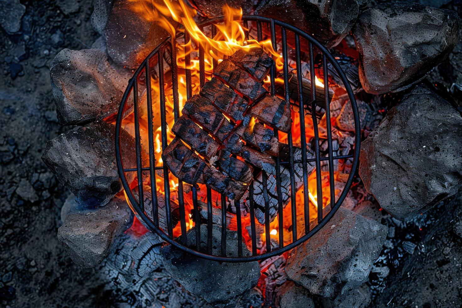Grilling delicious steaks over an open fire during a summer evening cookout photo