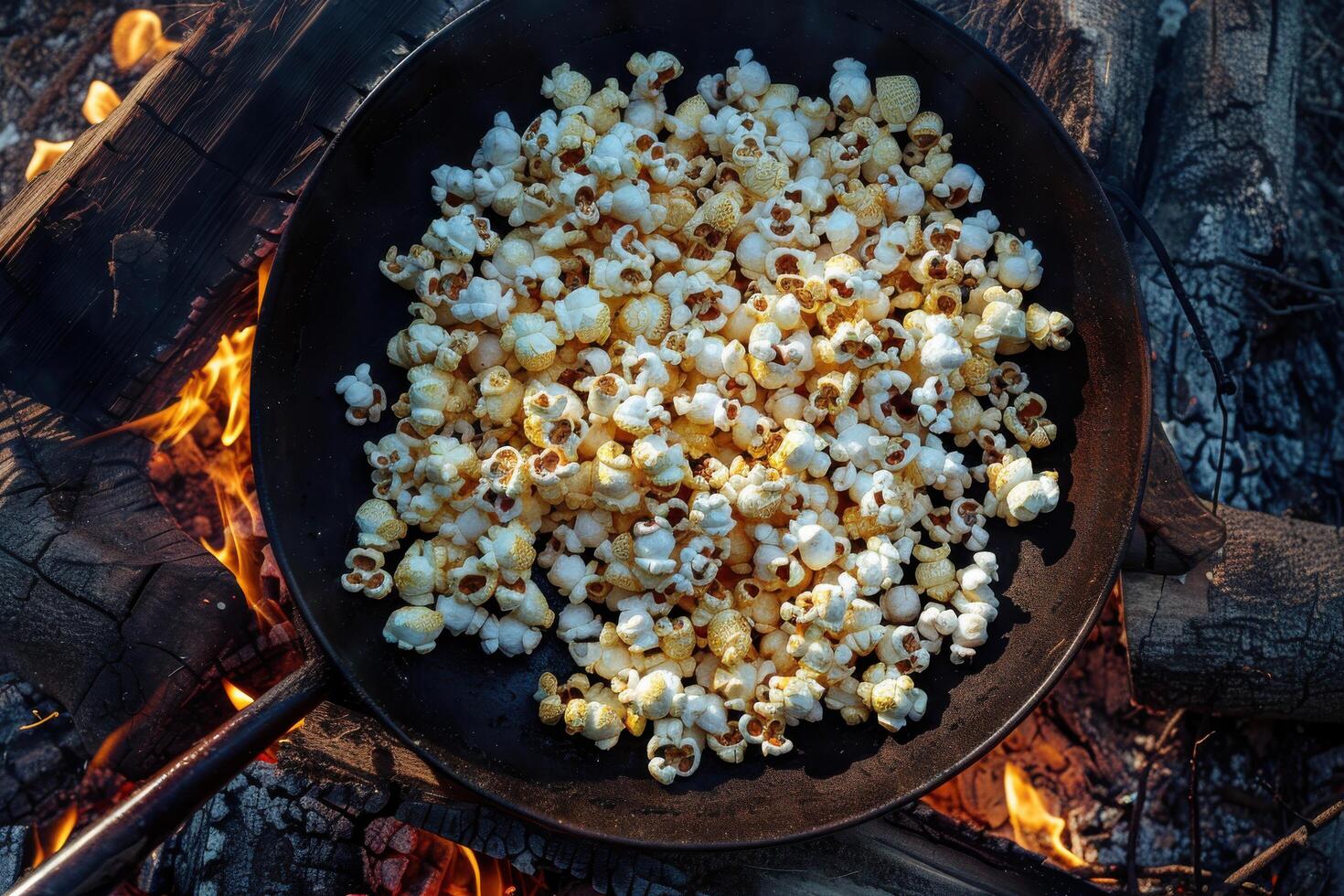 Golden popcorn popping in a rustic pan over a cozy campfire in the woods, perfect for autumn gatherings photo