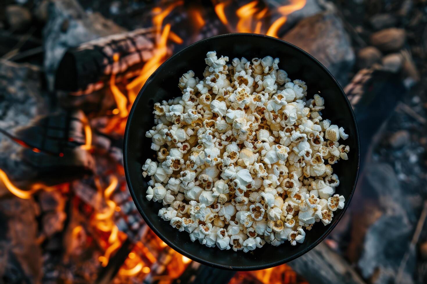 Popcorn bursting with flavor cooked over a crackling campfire at dusk photo