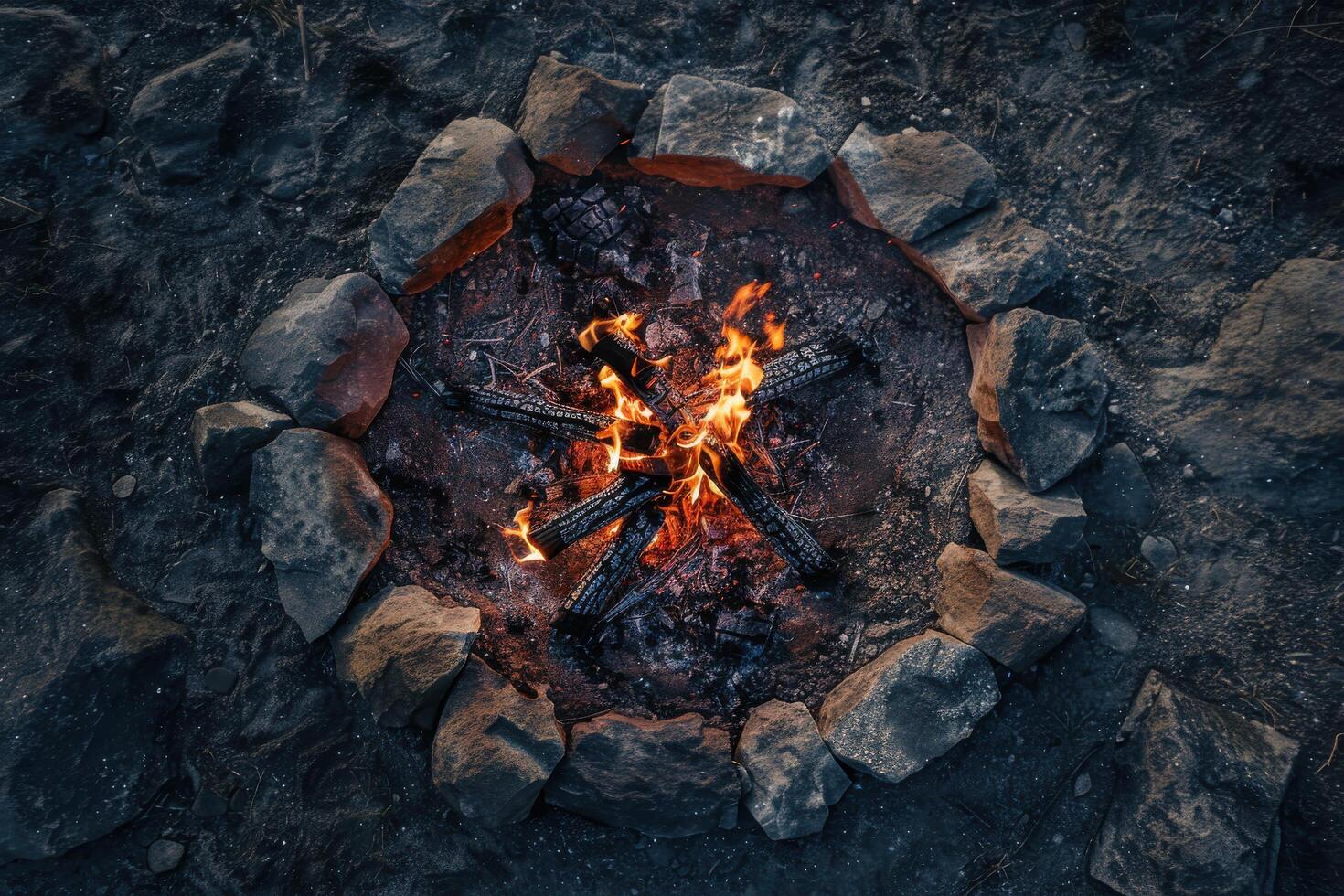 Nighttime campfire surrounded by rocks, glowing embers illuminating the darkness in a serene outdoor setting photo