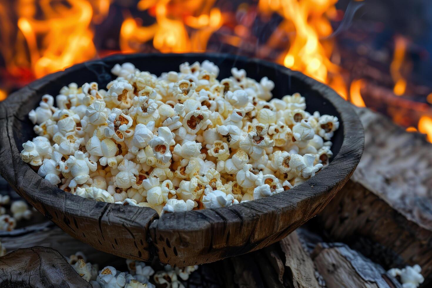 Freshly popped popcorn in a rustic wooden bowl beside a glowing campfire at dusk photo