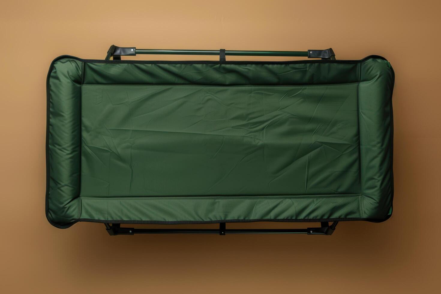 Comfortable portable cot resting on a warm-toned background, perfect for camping or guest accommodations photo