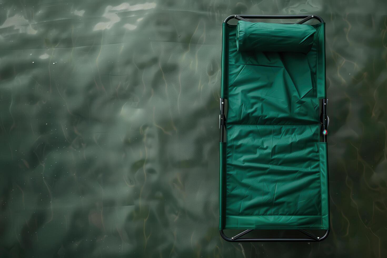 A serene green cot rests on calm waters lit by soft afternoon light near the shoreline, inviting relaxation and tranquility photo