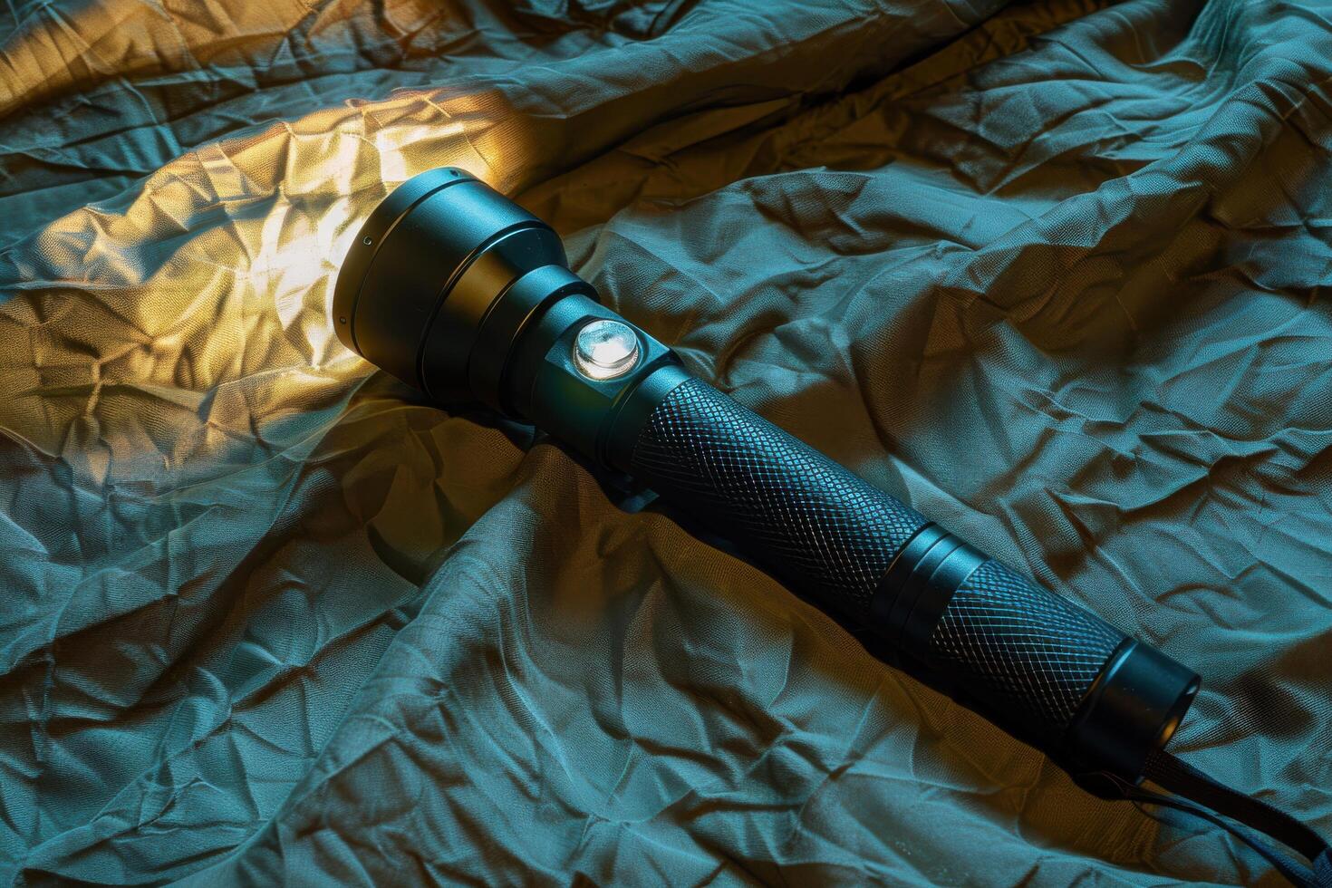 A powerful flashlight beams light across a textured fabric backdrop in a dimly lit room during nighttime exploration photo