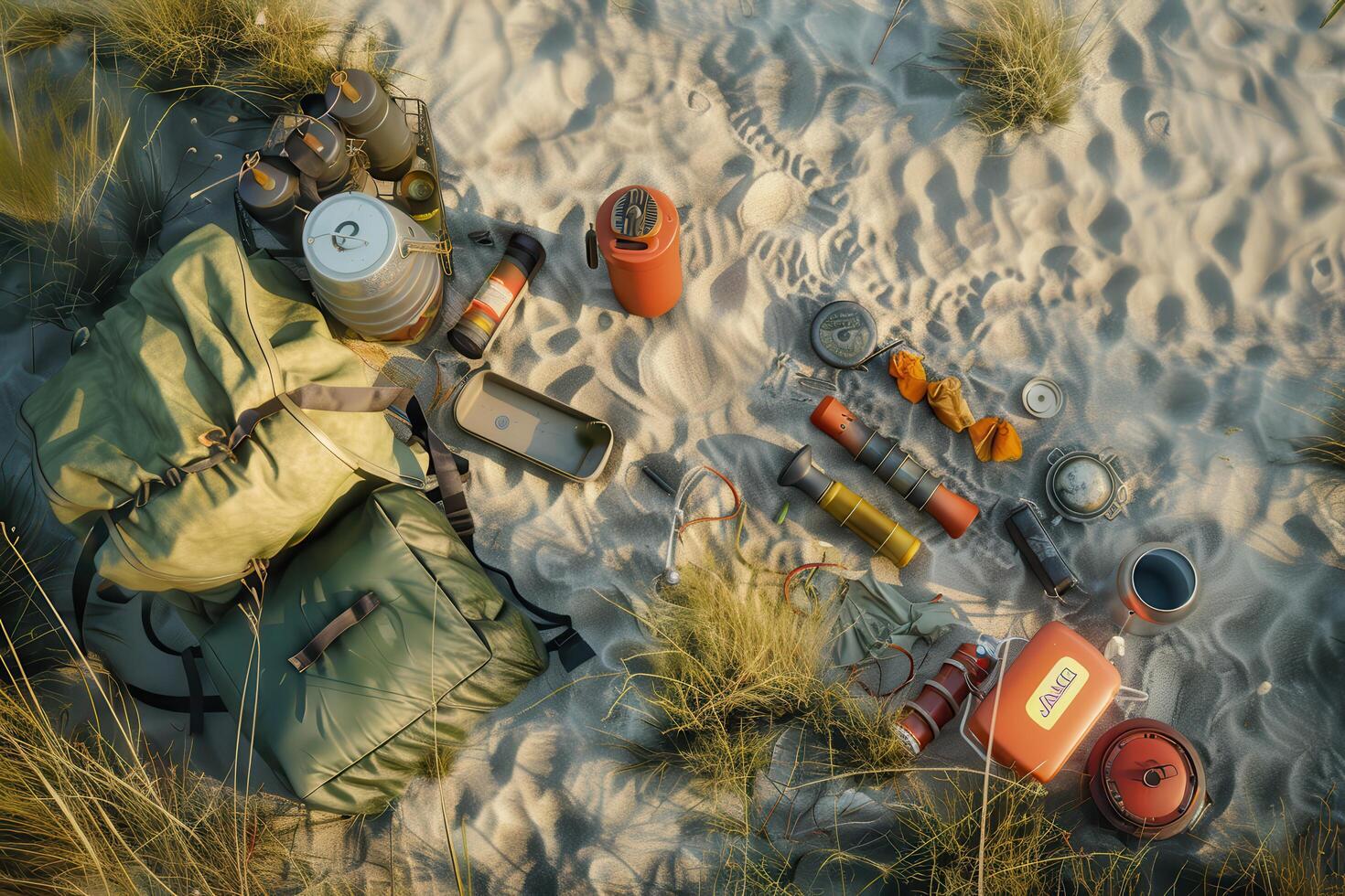 Exploring the sandy dunes with outdoor gear at sunrise photo