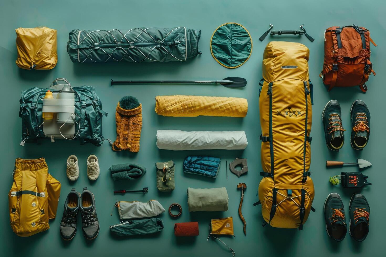 Essential outdoor gear displayed on a teal background for a weekend adventure in the mountains photo