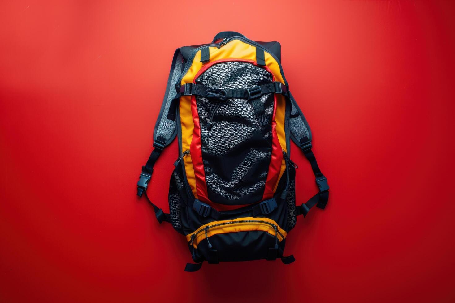 A vibrant adventure backpack ready for exploration against a bold red backdrop photo