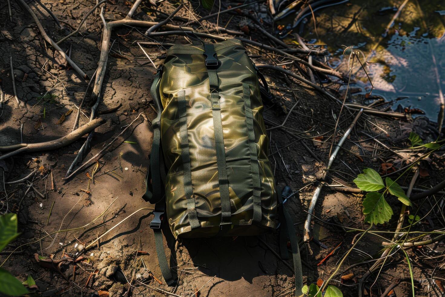 A rugged green backpack resting on sandy terrain near a tranquil stream during a sunny afternoon photo