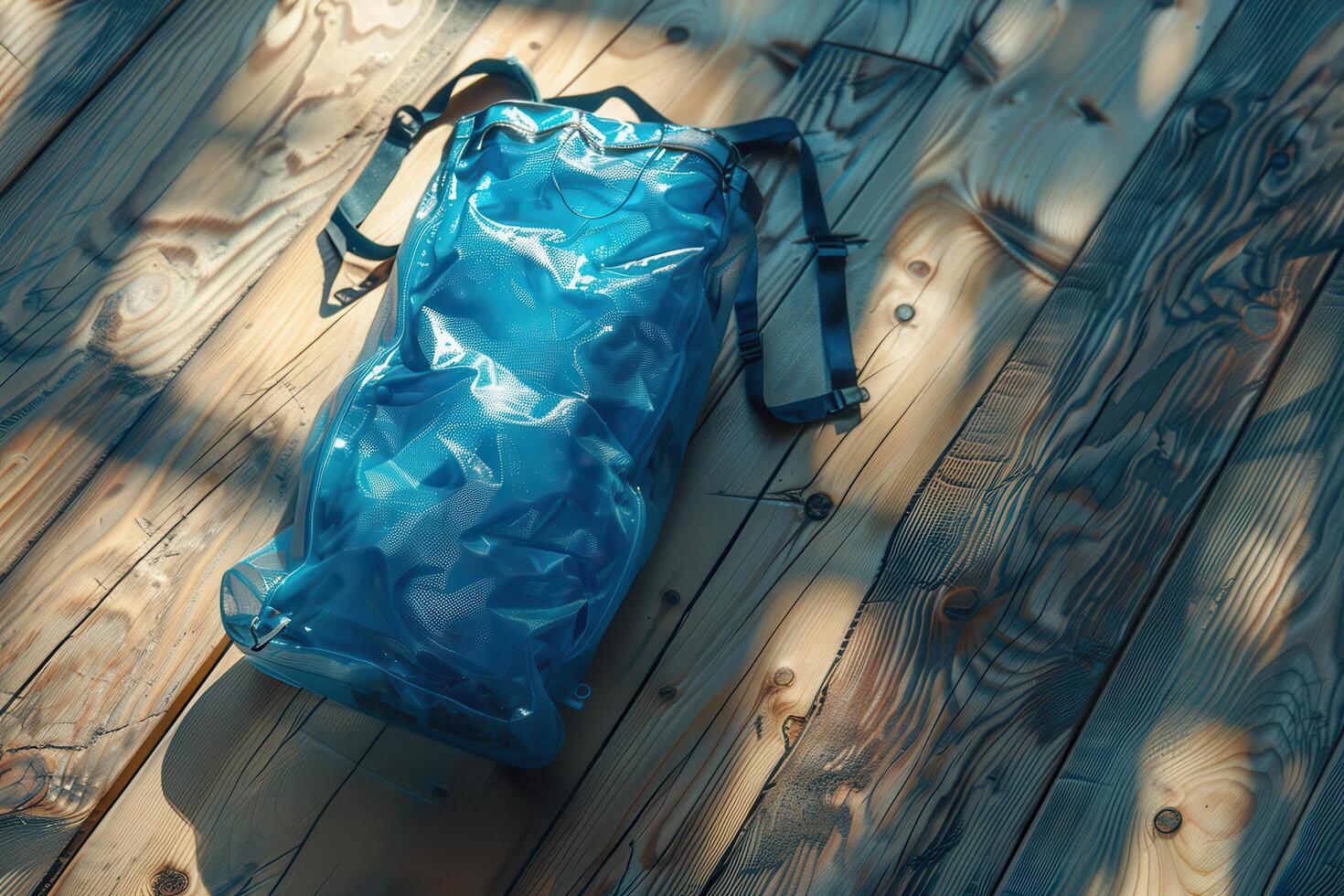 A vibrant blue backpack resting on a sunlit wooden floor, casting soft shadows in the afternoon light photo