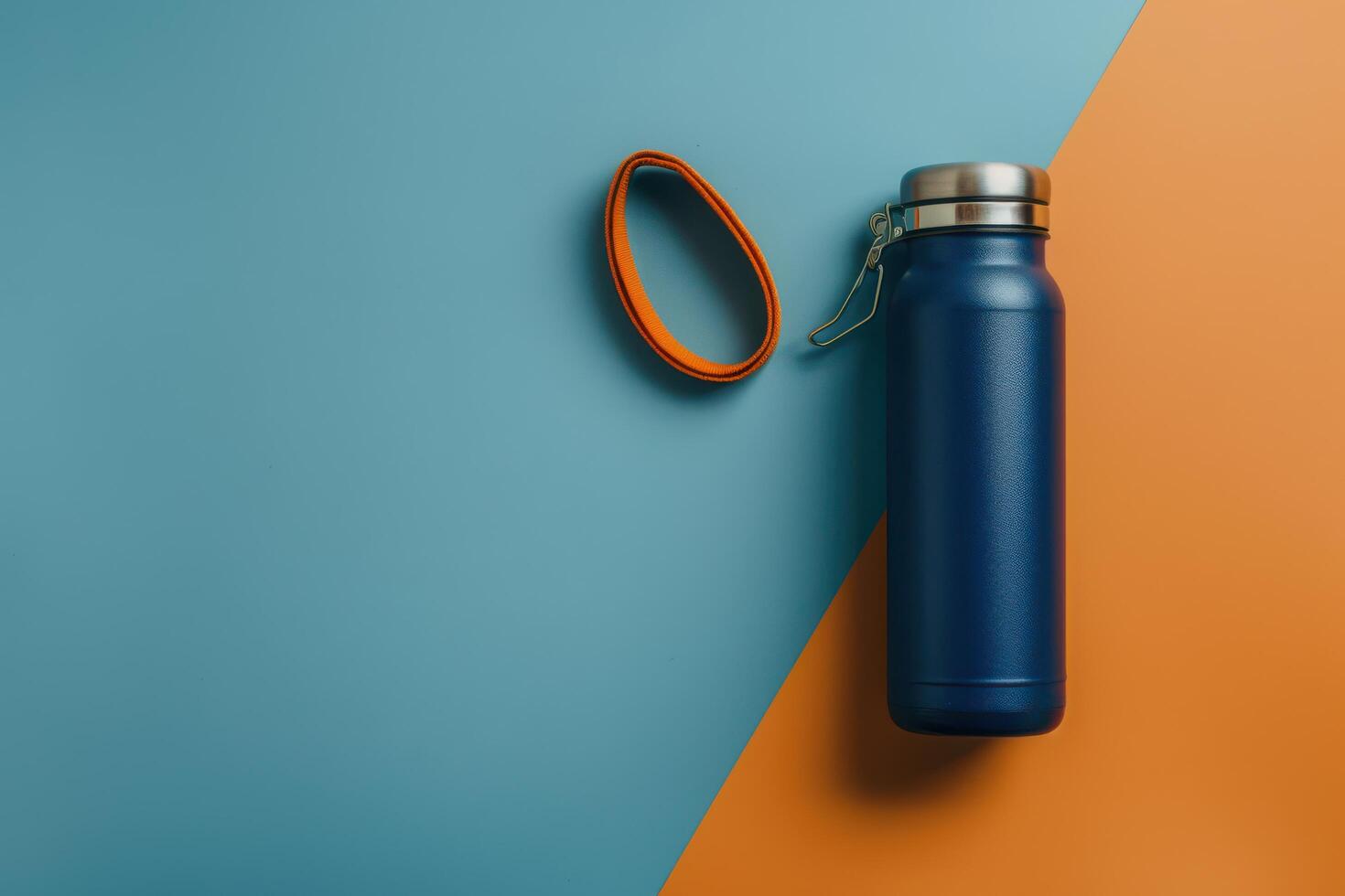 A blue stainless steel water bottle and an orange rubber band on a vibrant blue and orange background photo