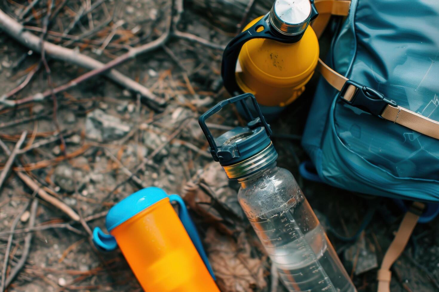 Clear water bottles and a backpack resting on the forest floor amidst fallen leaves and twigs during a daytime outdoor adventure photo