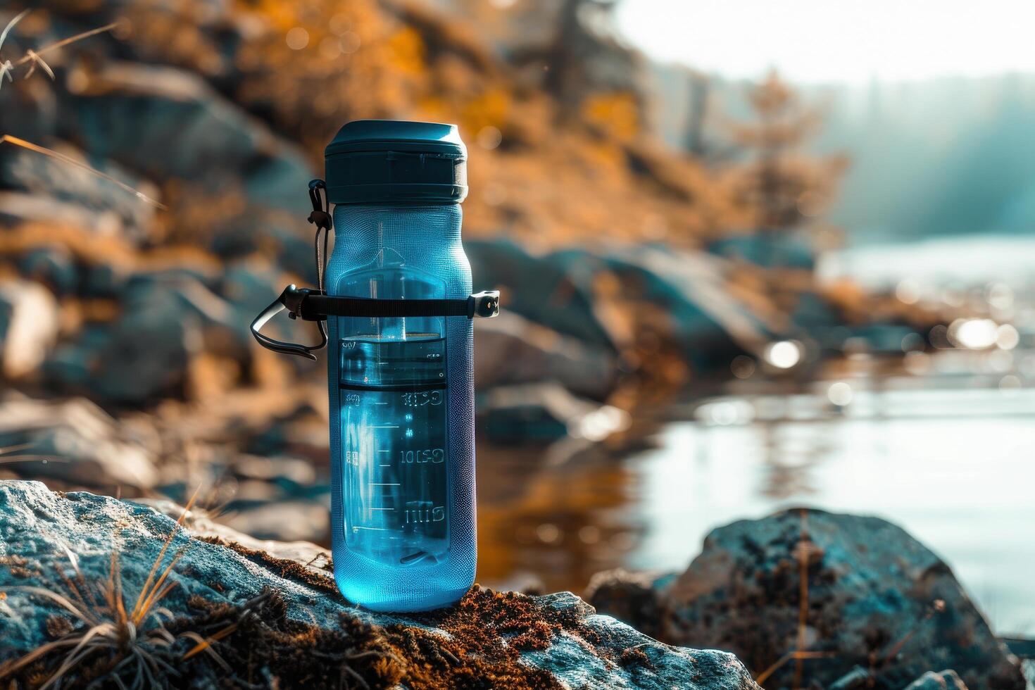 A vibrant blue water bottle perched on a rock by the shimmering lakeside at dawn, surrounded by autumn colors and soft morning light photo