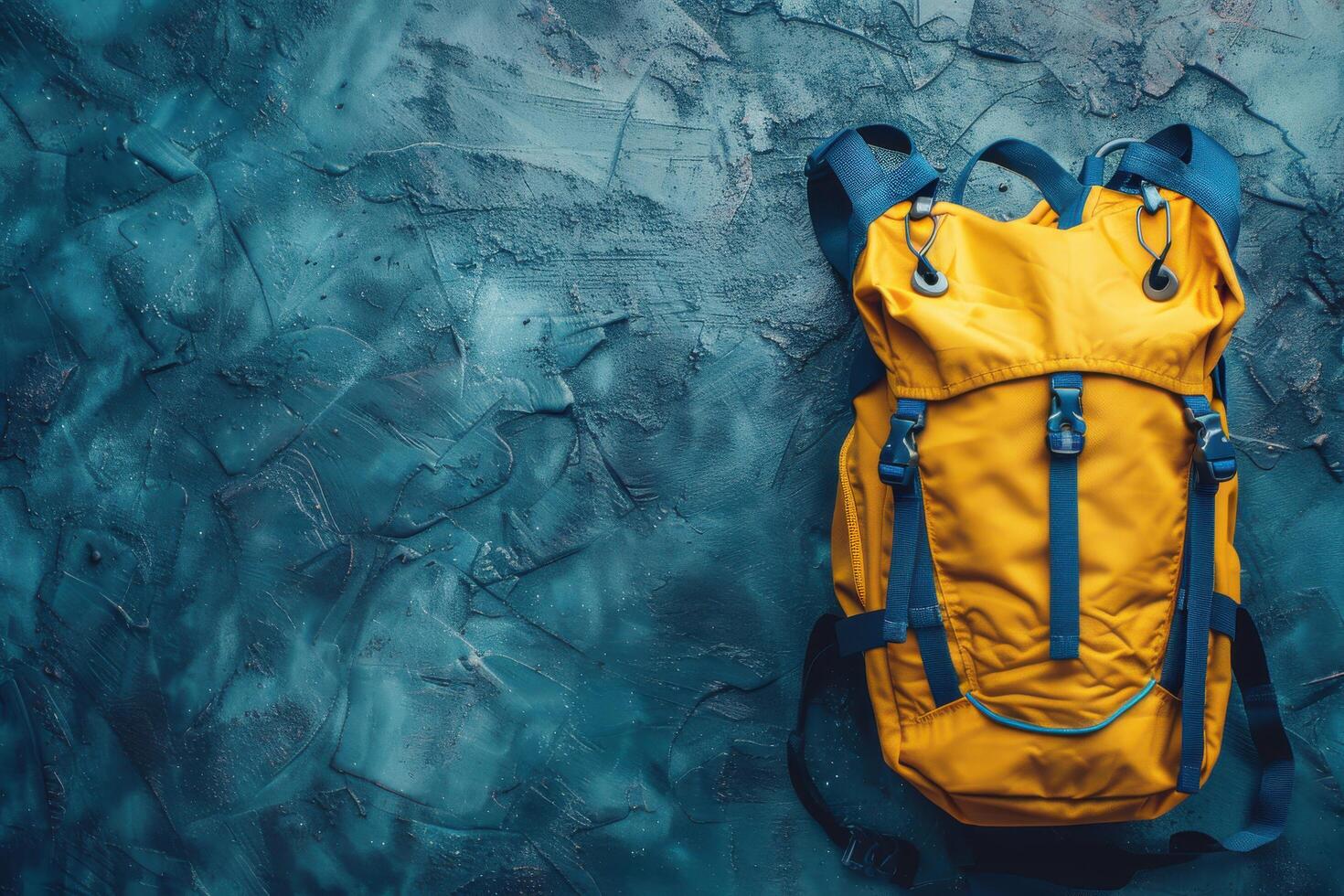 Bright yellow backpack resting on an artistic teal background, capturing adventure and style in a modern urban setting photo