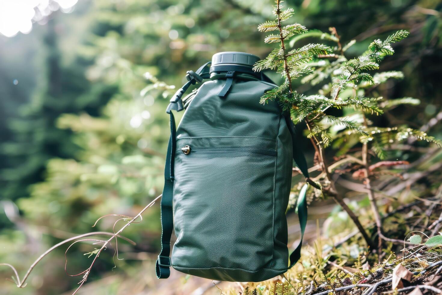 Exploring nature with a durable green backpack resting against a pine tree in a lush forest during daytime photo