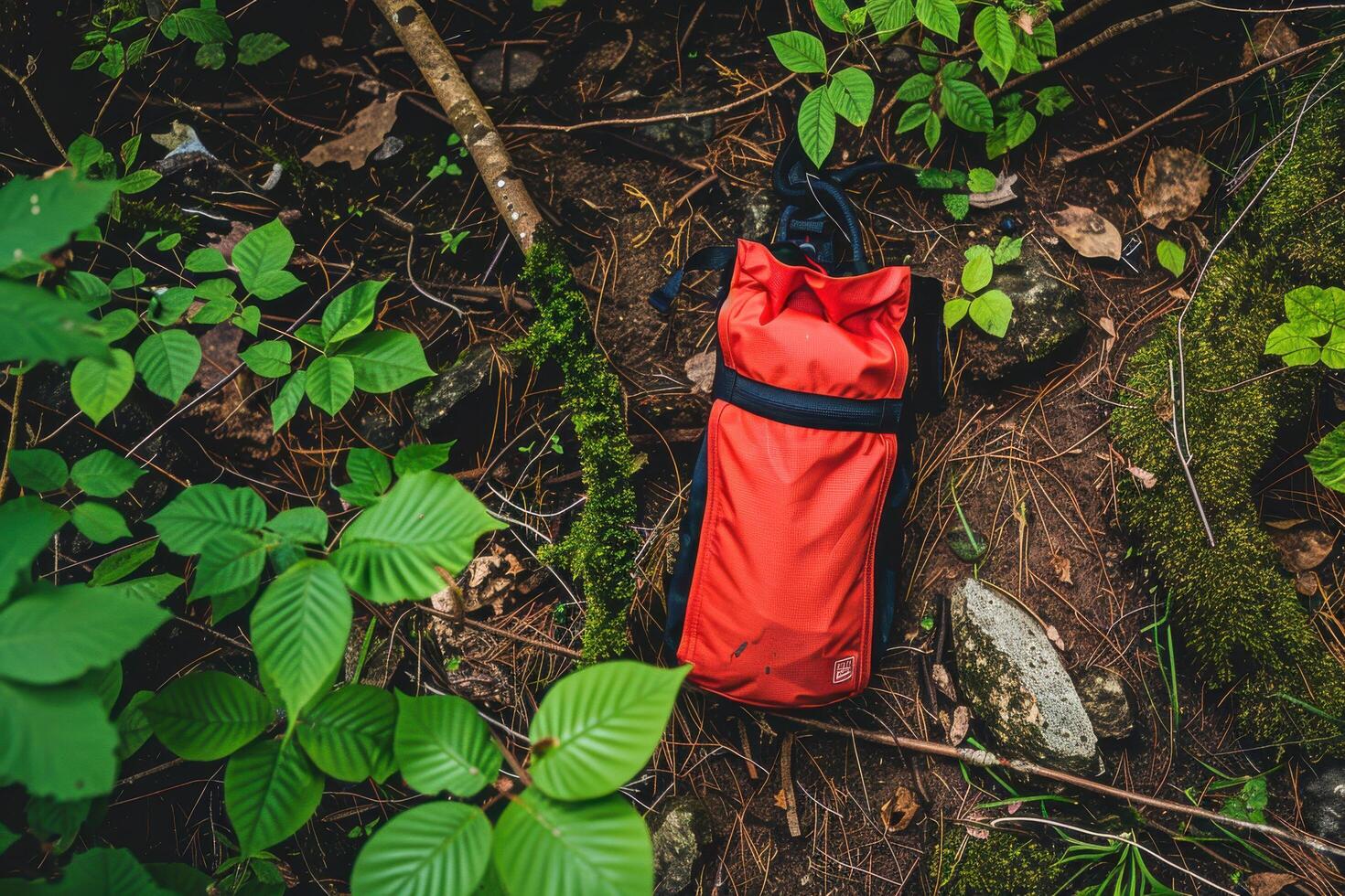 Vibrant orange bag resting among lush greenery in a forest setting during a peaceful afternoon photo