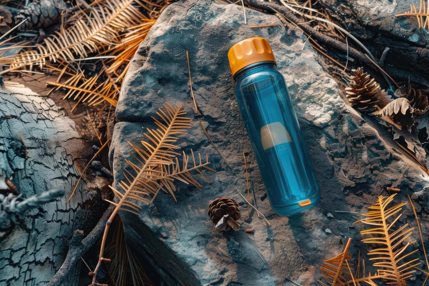 A bright blue water bottle resting on a rugged rock amidst golden autumn leaves and pine cones in a serene forest setting photo
