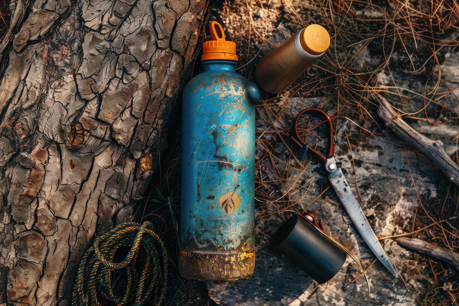 A rustic adventure awaits with water bottles and tools resting on weathered wood in a tranquil outdoor setting photo