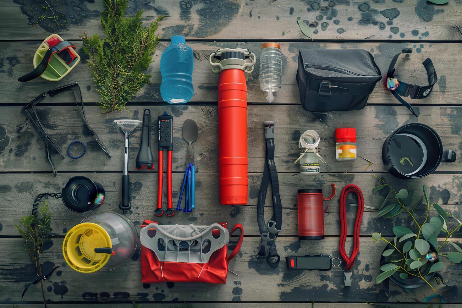 A vibrant collection of outdoor gear spread on a wooden surface, showcasing essentials for hiking and adventure in a natural setting photo