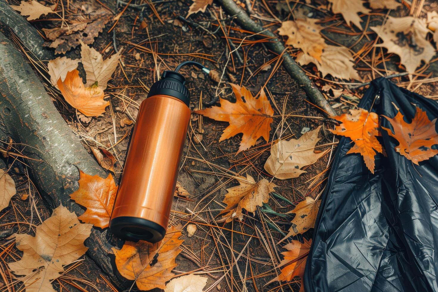 A copper water bottle rests on a bed of fallen autumn leaves in a serene forest setting photo