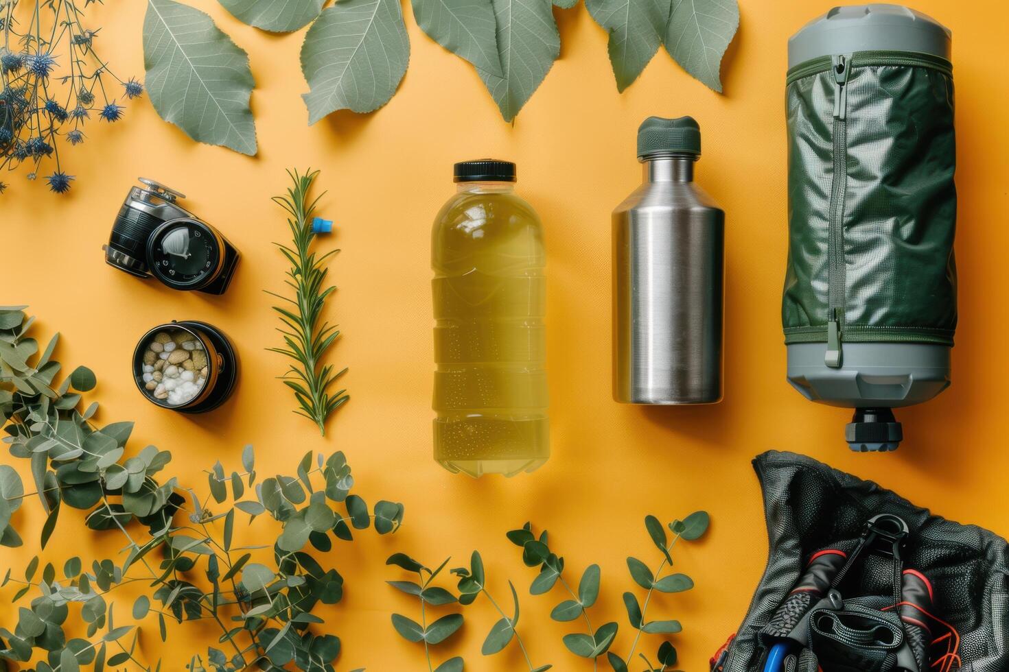 Outdoor adventure gear laid out on a vibrant orange surface among fresh herbs and leaves photo