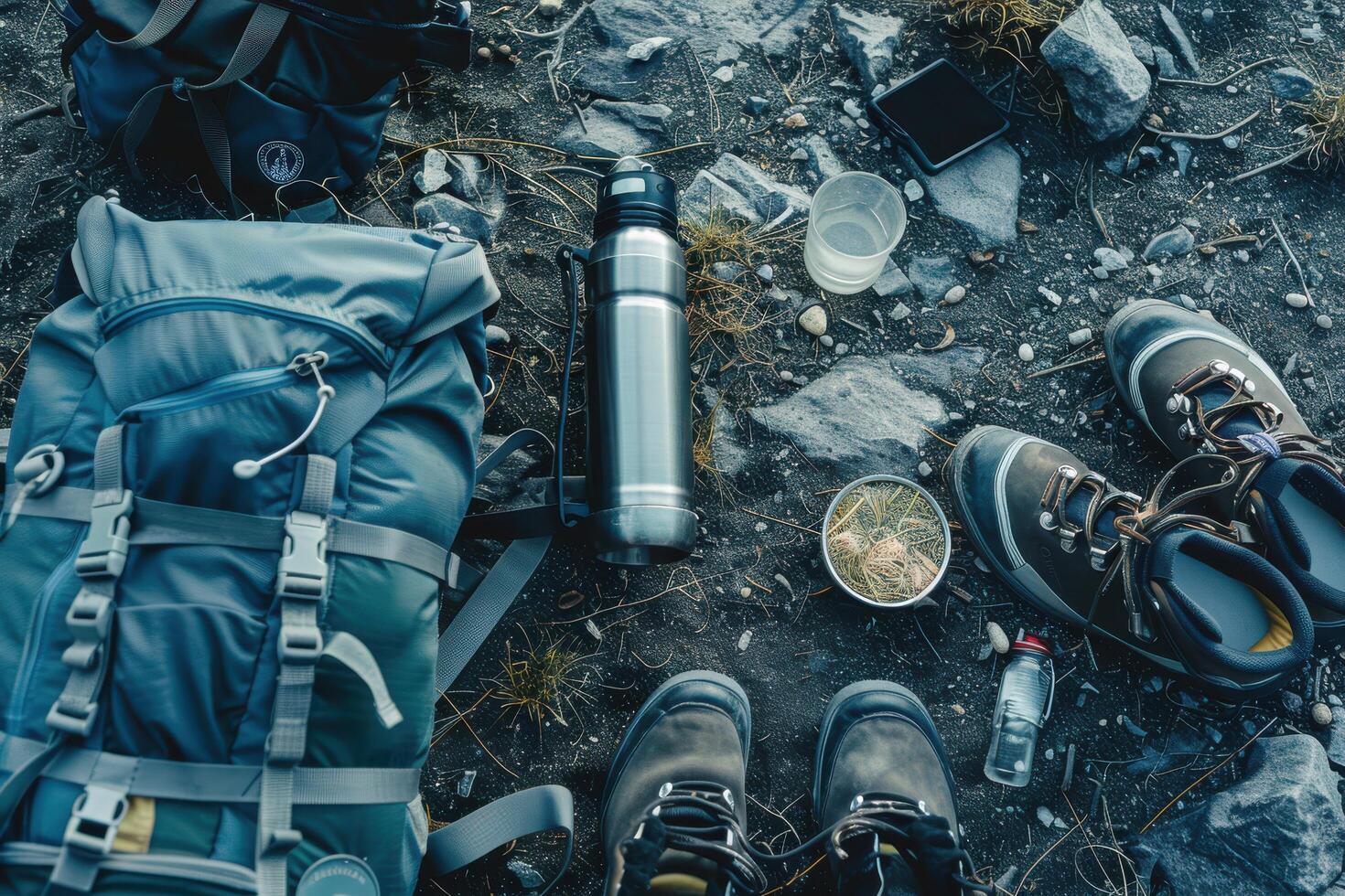 A hiker's rest stop with gear by the rocky trail at sunset photo