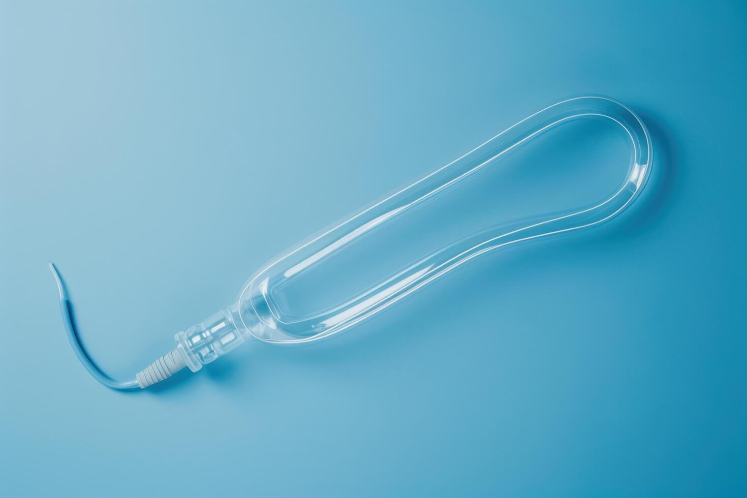 A transparent water hose with a curved tip rests on a soft blue background, reflecting light and showcasing its smooth design photo