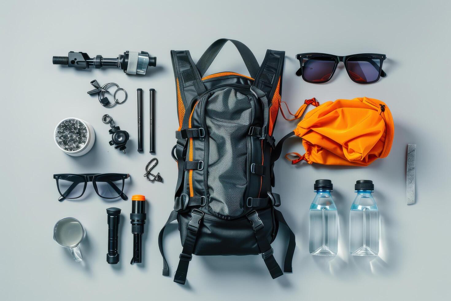 Adventure-ready backpack and gear laid out on a flat surface, featuring essentials for outdoor exploration photo