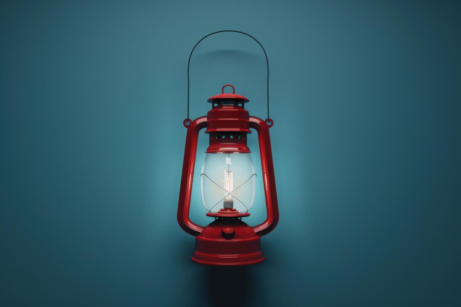A vintage red lantern illuminating a teal wall, casting warm light in a cozy setting during the evening photo
