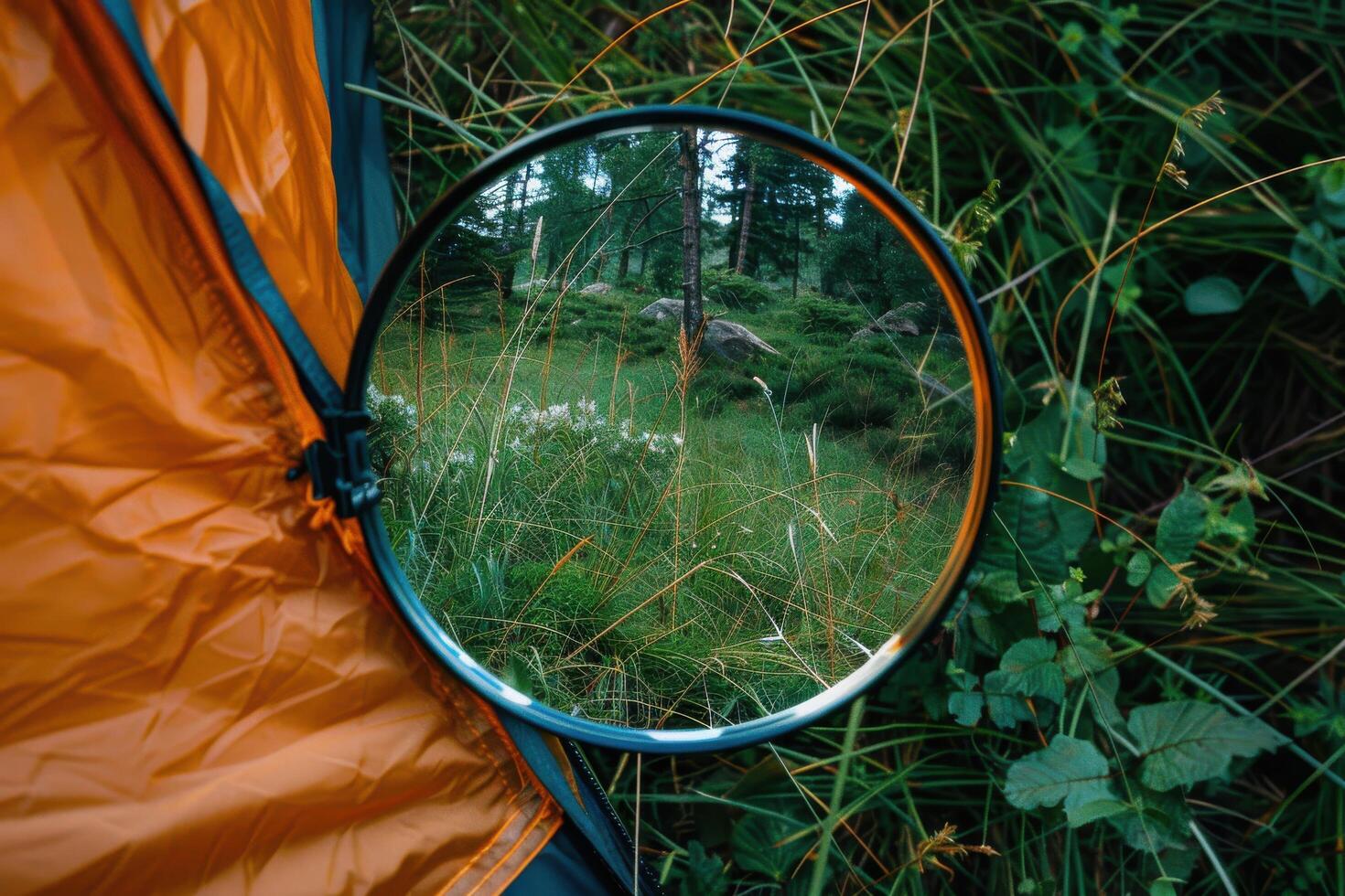 A circular view of serene nature through a tent opening in a lush forest at dawn photo