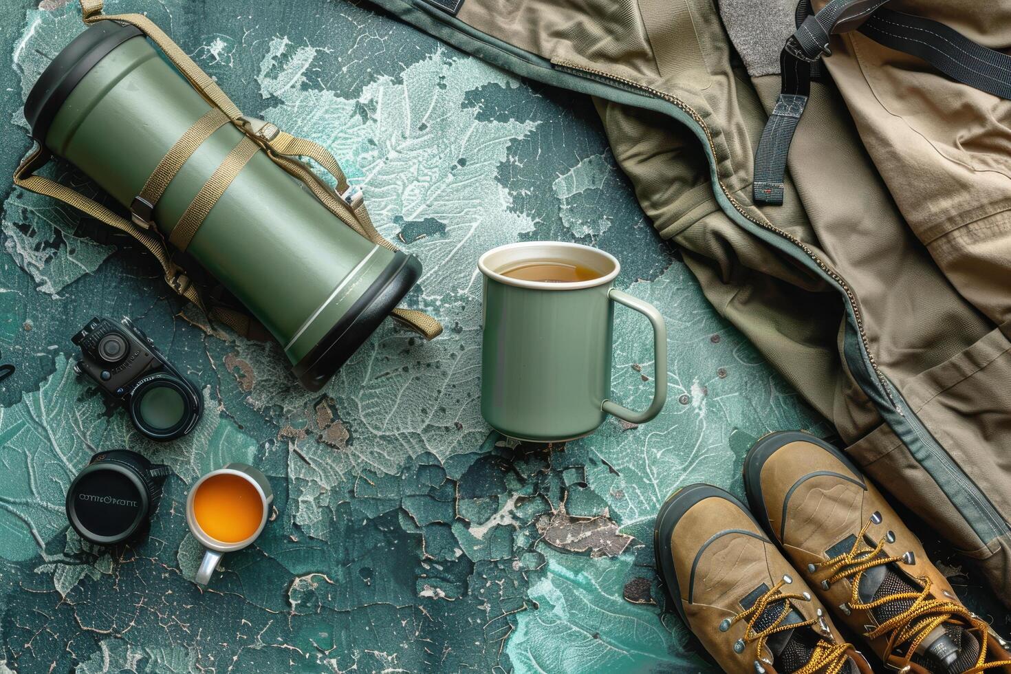 Morning adventure gear prepared on a rustic green backdrop with warm beverages and hiking essentials photo