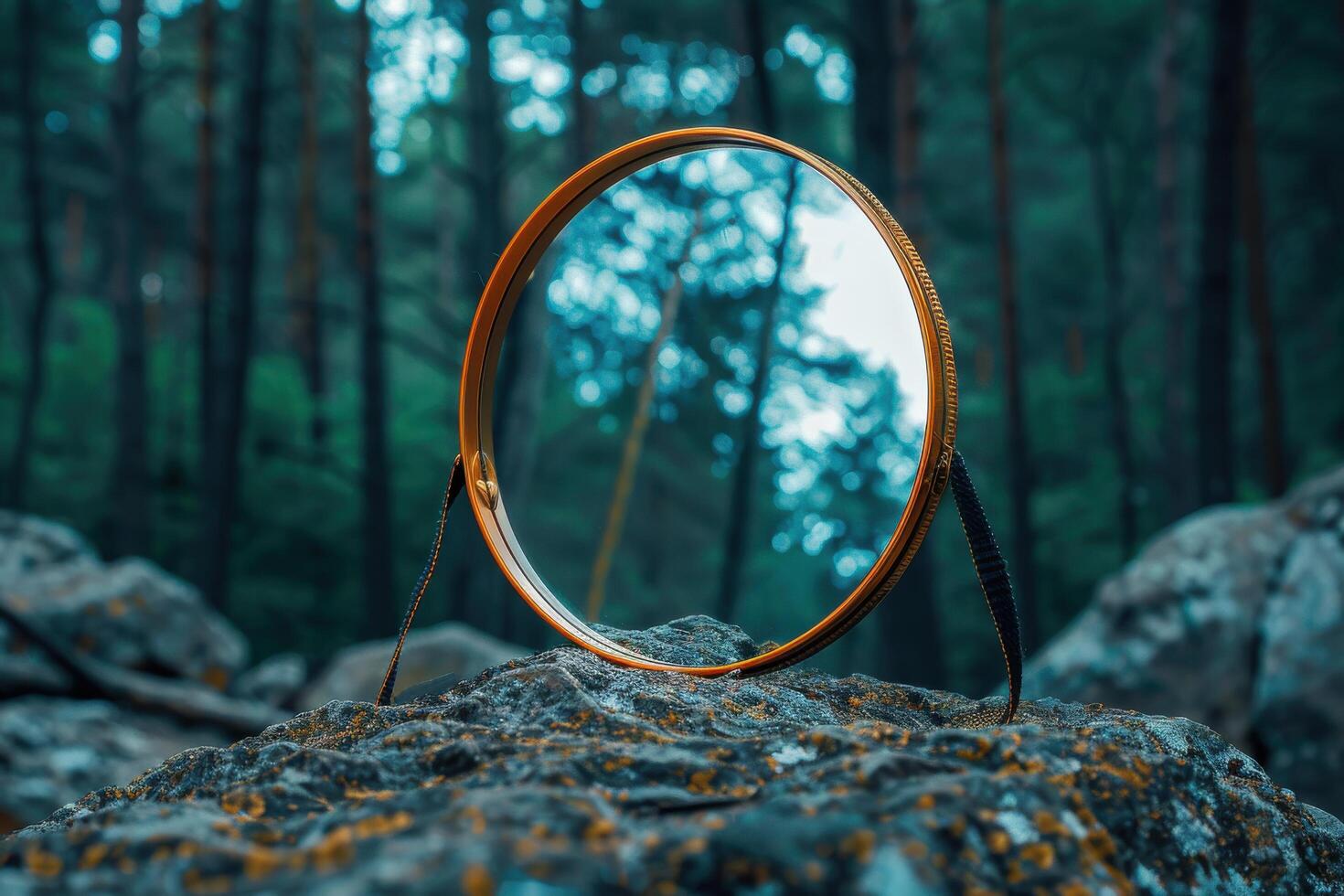 A mystical mirror resting on a stone amidst a forest of towering green trees at dawn photo