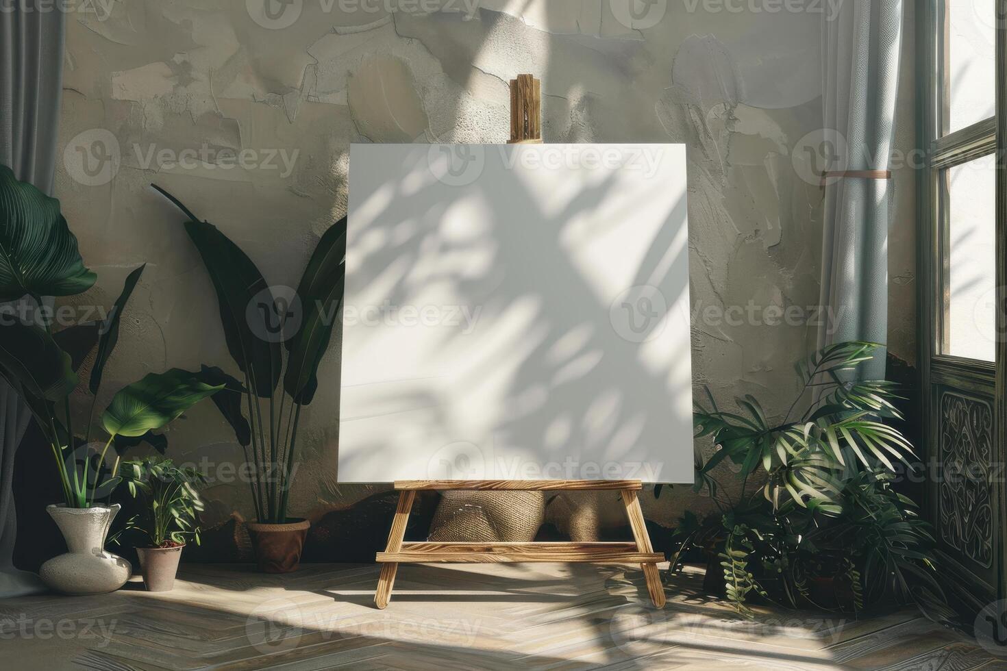A blank canvas on an easel surrounded by indoor plants in a sunlit room photo