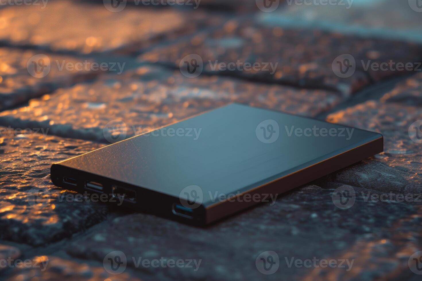 A portable charger rests on a cobblestone pathway at sunset photo
