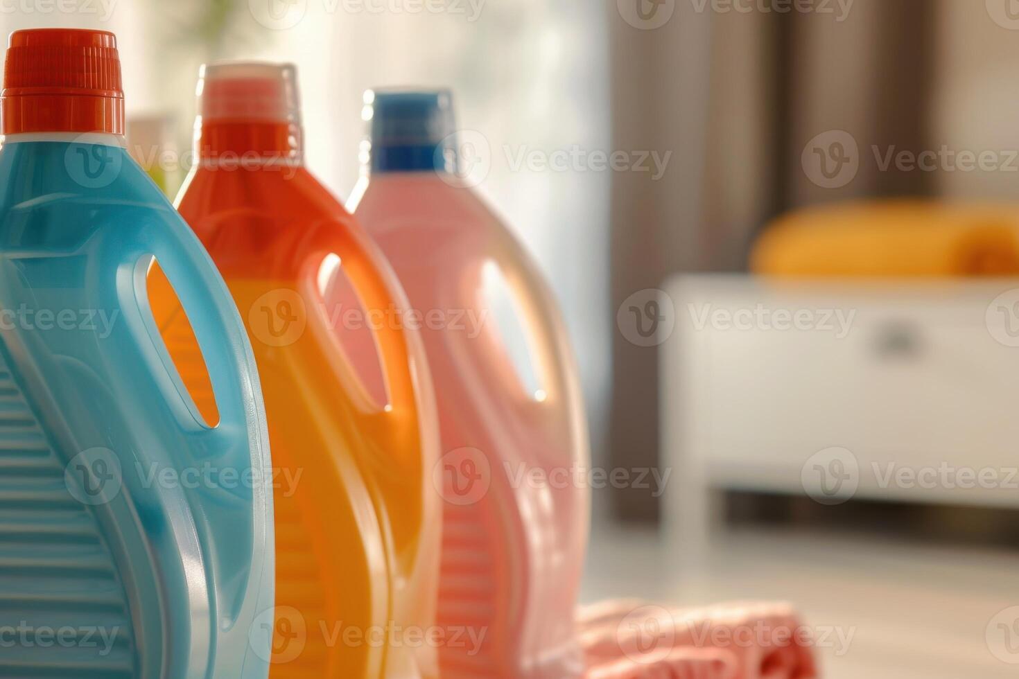 Colorful detergent bottles arranged in a modern laundry room during the day photo