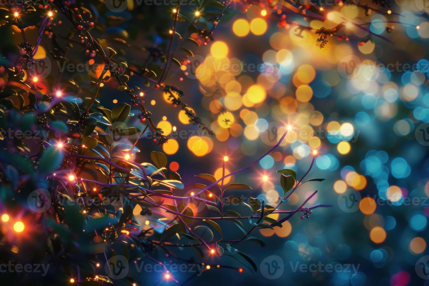 Twinkling lights among greenery at twilight in a serene garden setting photo