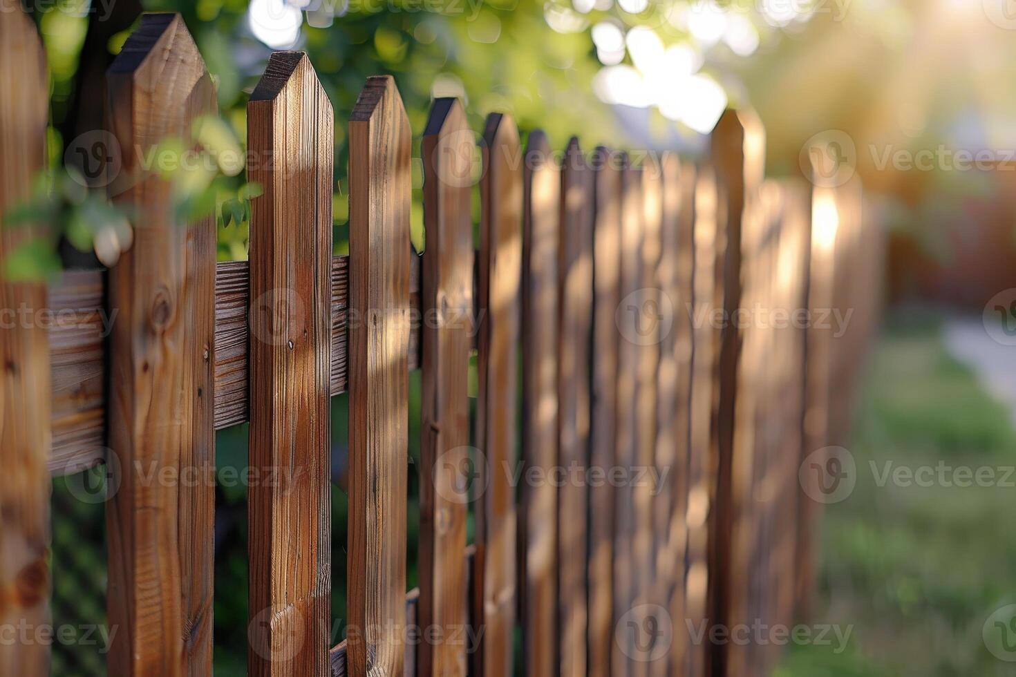 Wooden fence with pointed tops illuminated by sunlight in a serene backyard garden photo