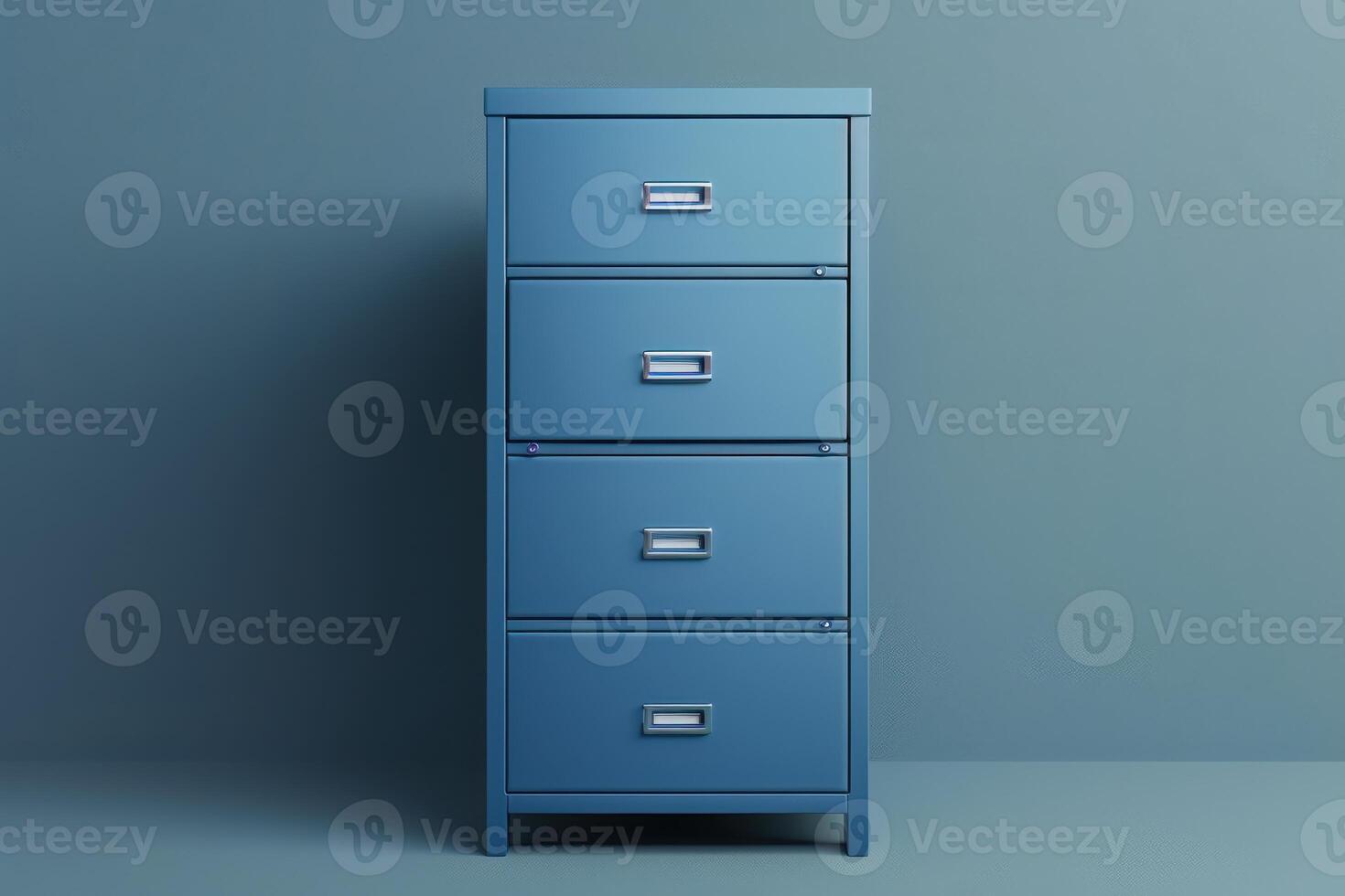A sleek blue four-drawer filing cabinet against a minimalist blue wall photo