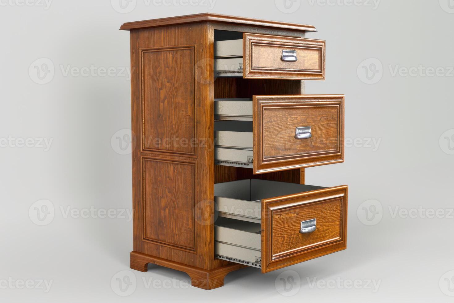Wooden storage cabinet with three open drawers showcasing interior design details photo