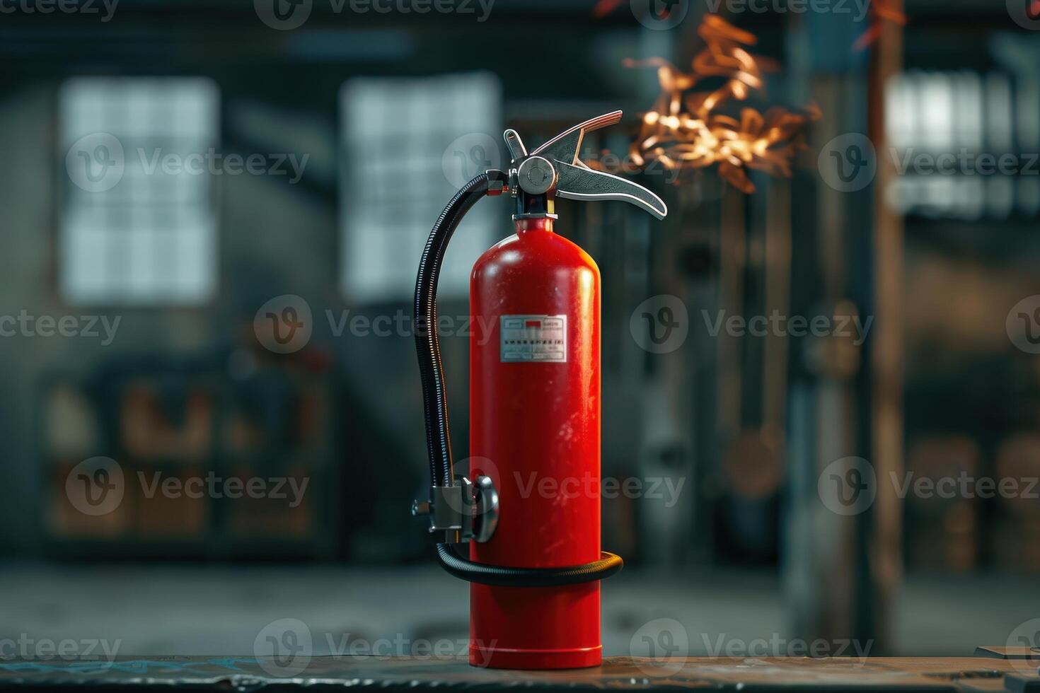Red fire extinguisher on a workbench in a dimly lit industrial setting with sparks flying photo