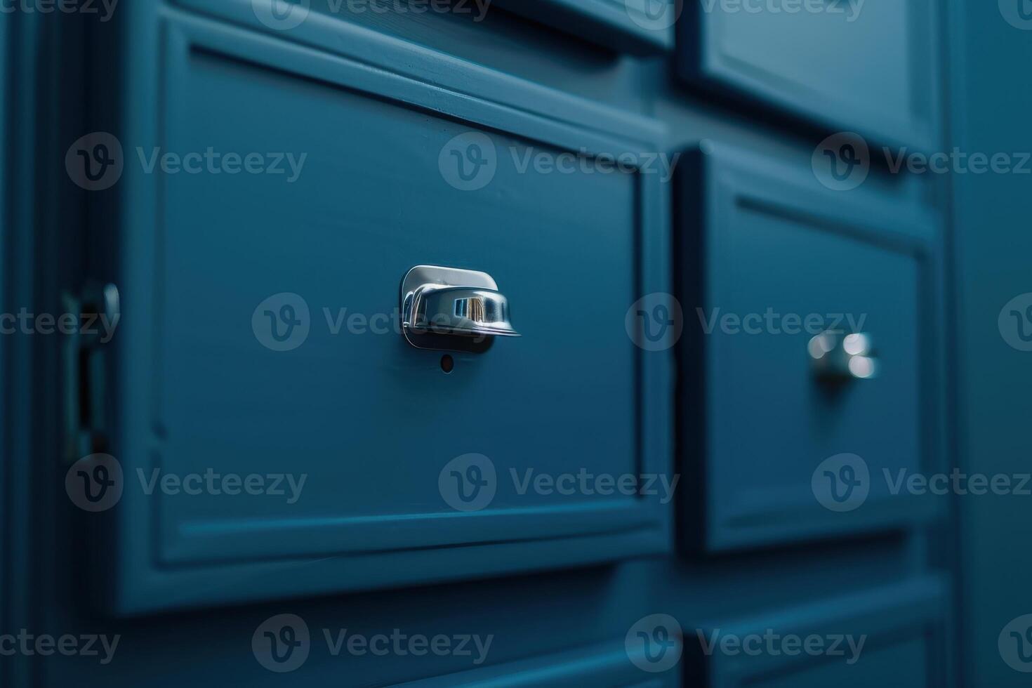 Close-up of a sleek metal drawer handle on a deep blue cabinet photo