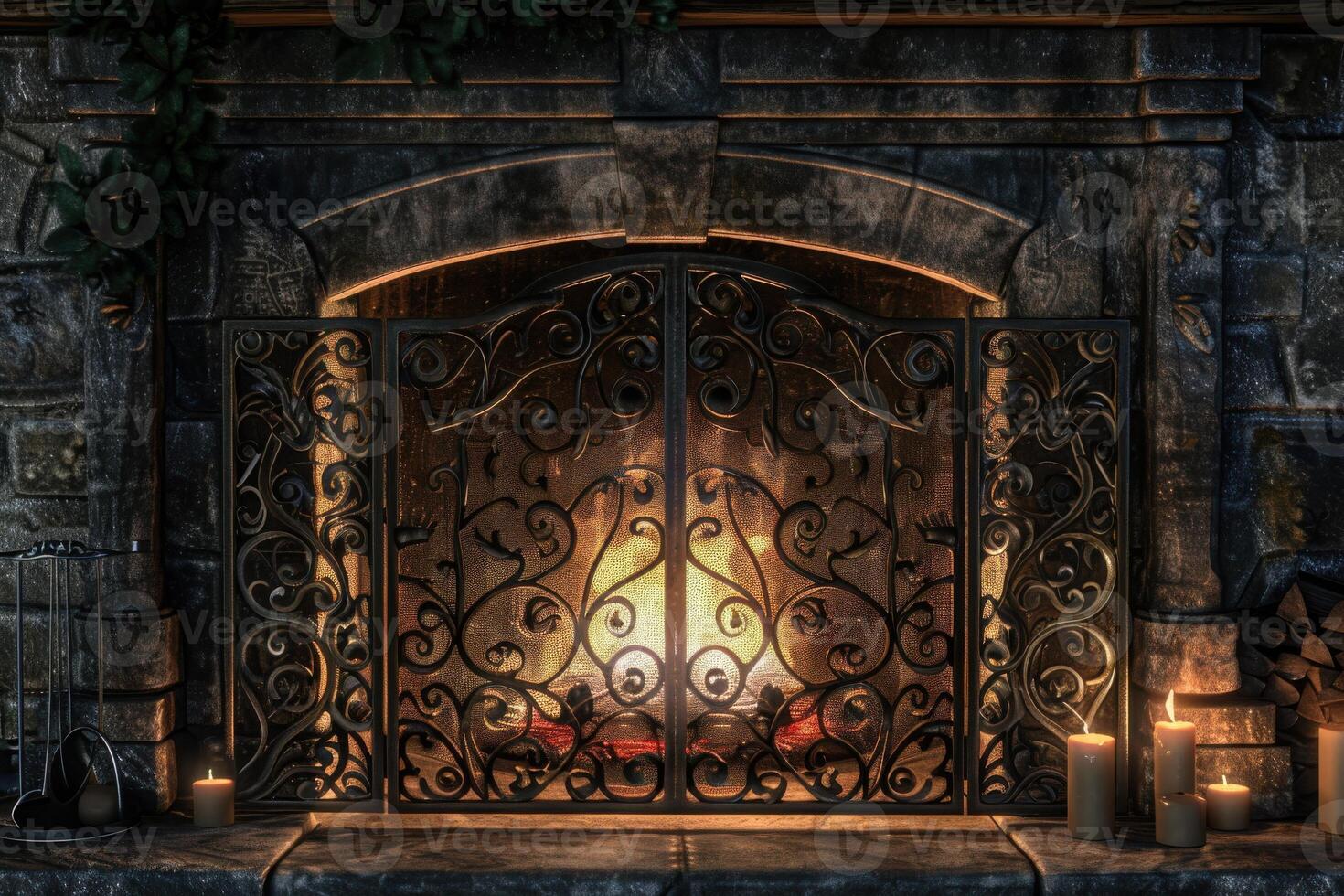 Cozy fireplace with ornate grate, warm glow from logs, surrounded by candles in a rustic room photo