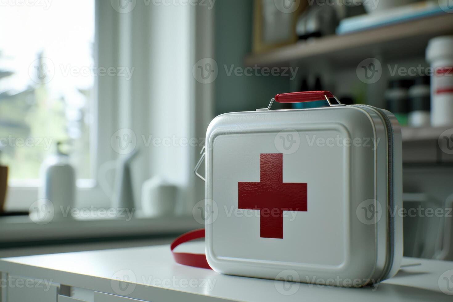 A first aid kit on a countertop in a modern kitchen during daytime photo