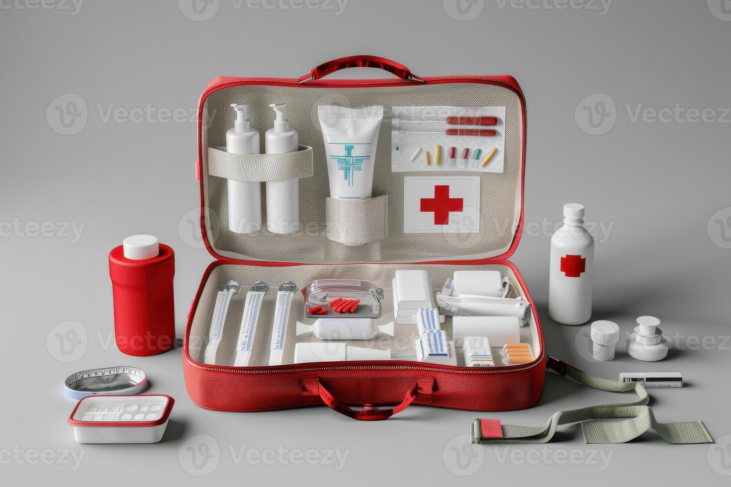 Red medical kit open with various supplies on a light background photo