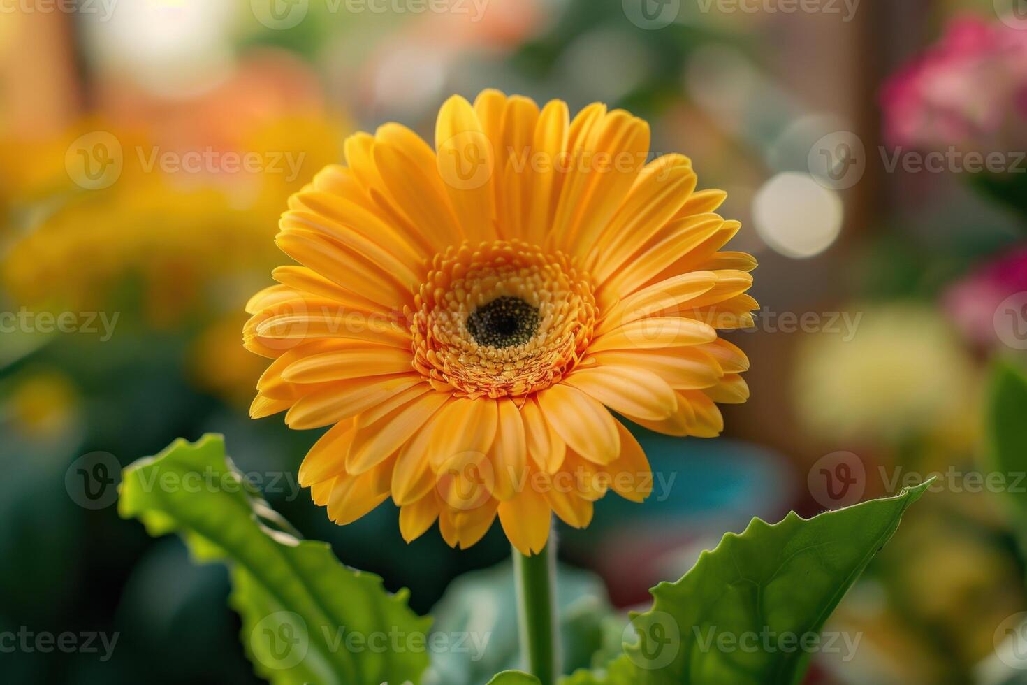 A vibrant yellow gerbera daisy in a garden setting during daylight photo