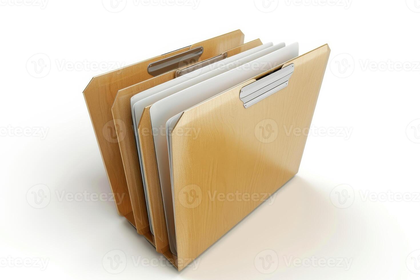 Assorted file folders arranged in a neat stack on a plain background photo
