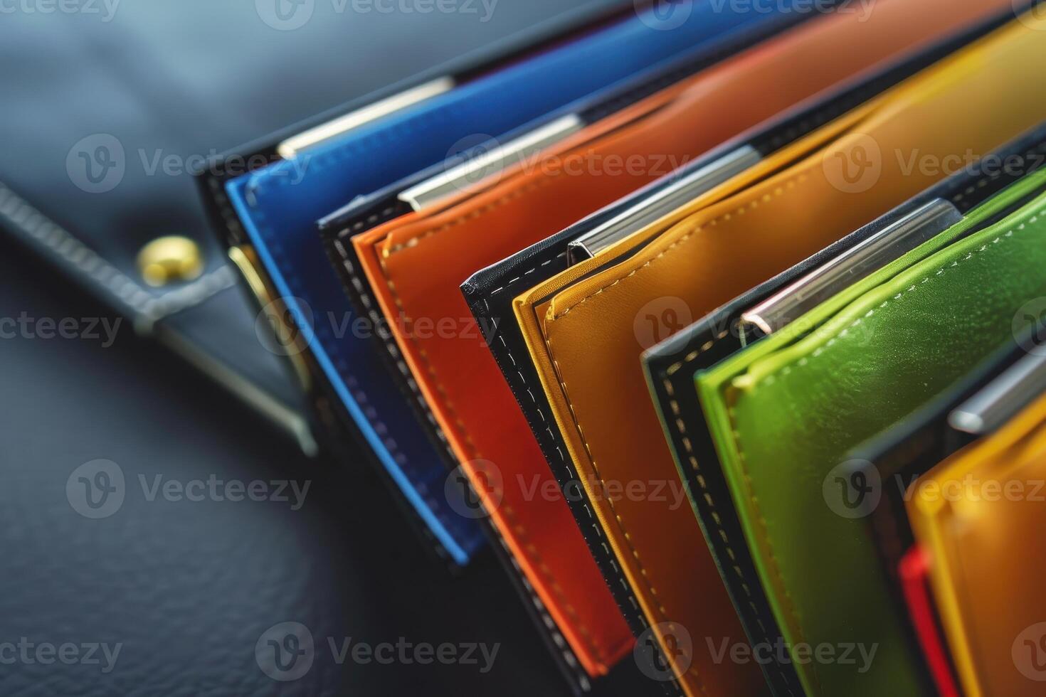 Assorted colorful wallet compartments arranged neatly on a black surface photo